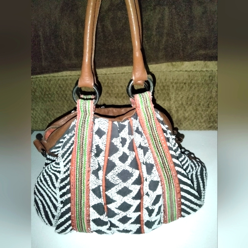 Anthropologie (Multicolored) Boho Beaded & Leather Trim Double Handle Tote Bag